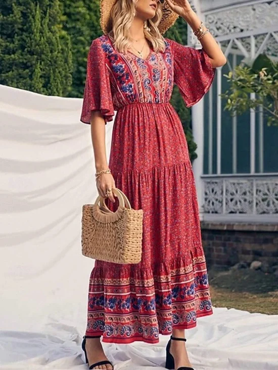 PRETTYGARDEN Women's Boho Floral Print Dress V Neck Maxi Dress Women's Med NWT - Picture 4 of 8